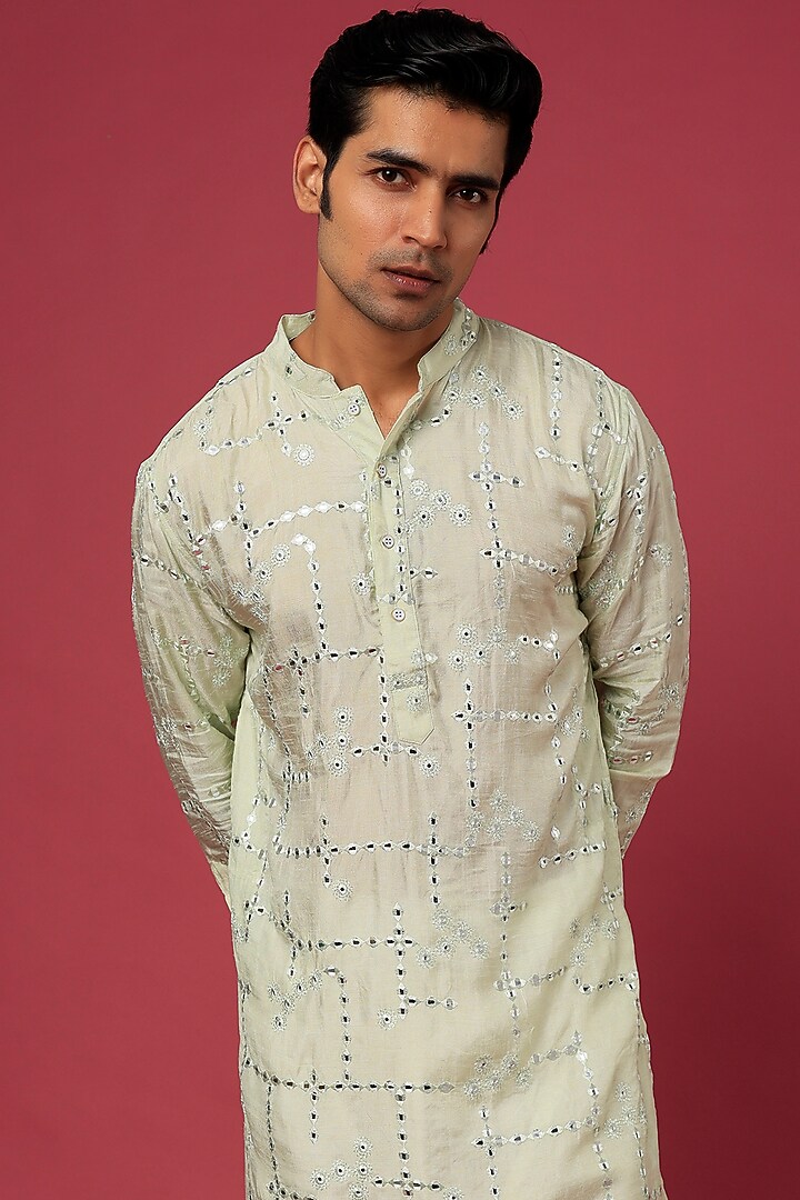Mint Green Cotton Polyester Embroidered Kurta Set For Boys by Spring Break- Kids at Pernia's Pop Up Shop