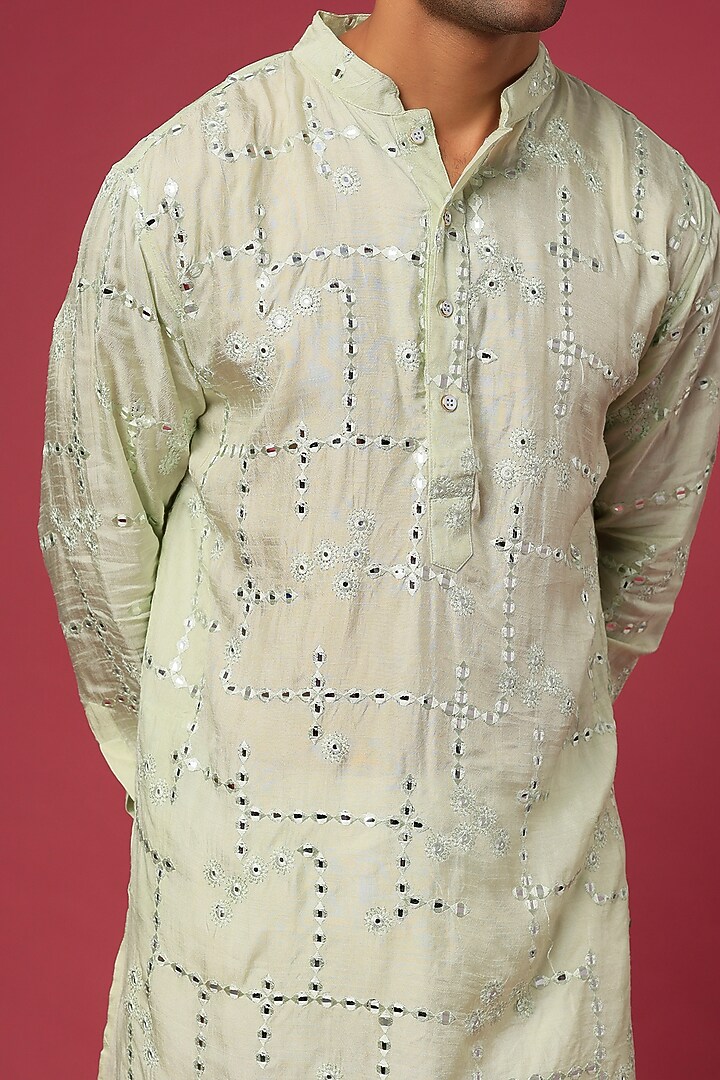 Mint Green Cotton Polyester Embroidered Kurta Set For Boys by Spring Break- Kids at Pernia's Pop Up Shop