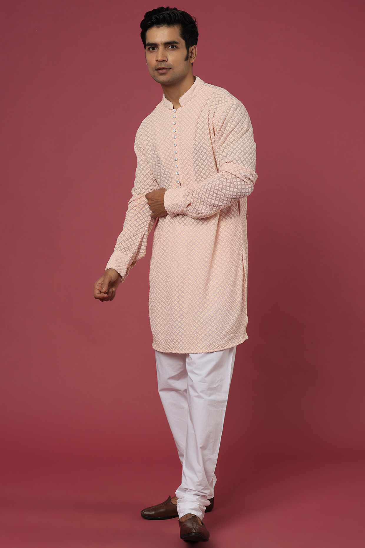 Pale Pink Cotton Polyester Embroidered Kurta Set For Boys by Spring Break- Kids