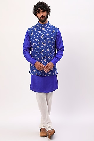 Cobalt Blue Printed Bundi Jacket With Kurta Set For Boys by Spring Break- Kids