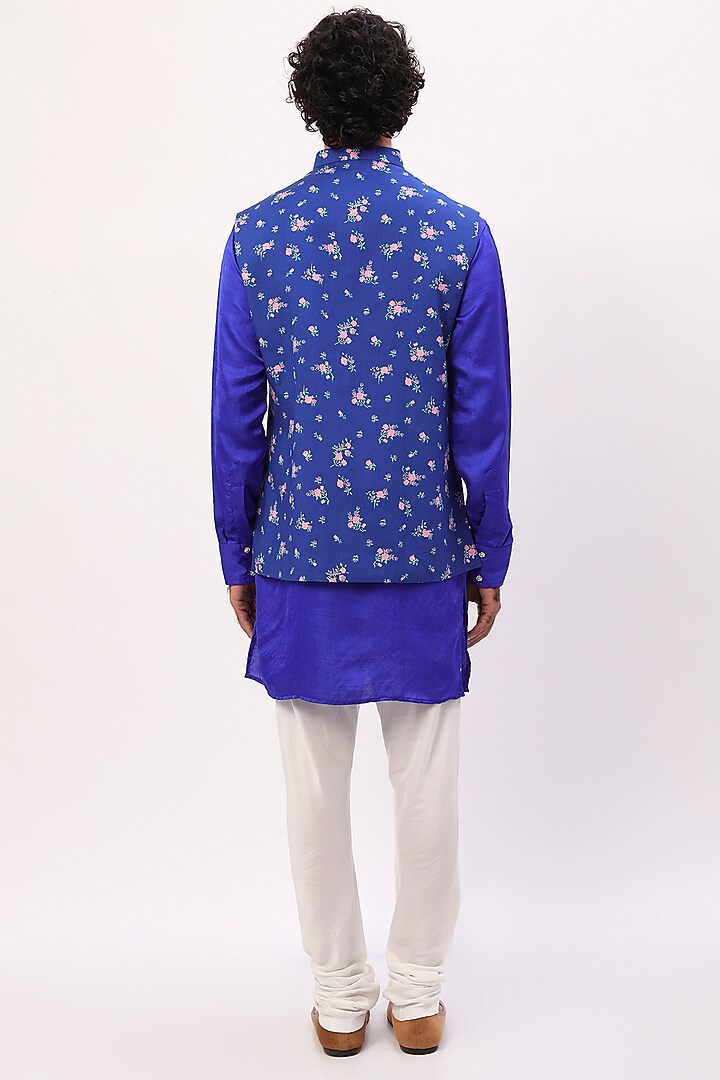 Cobalt Blue Printed Bundi Jacket With Kurta Set For Boys by Spring Break- Kids at Pernia's Pop Up Shop