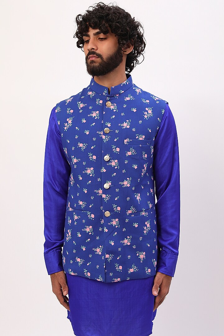 Cobalt Blue Printed Bundi Jacket With Kurta Set For Boys by Spring Break- Kids at Pernia's Pop Up Shop