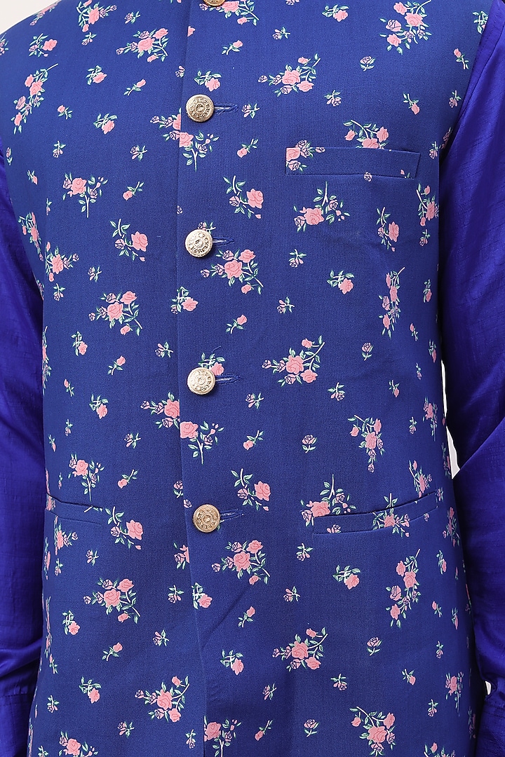 Cobalt Blue Printed Bundi Jacket With Kurta Set For Boys by Spring Break- Kids at Pernia's Pop Up Shop