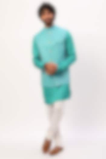 Turquoise Brocade Bundi Jacket With Kurta Set For Boys by Spring Break- Kids at Pernia's Pop Up Shop