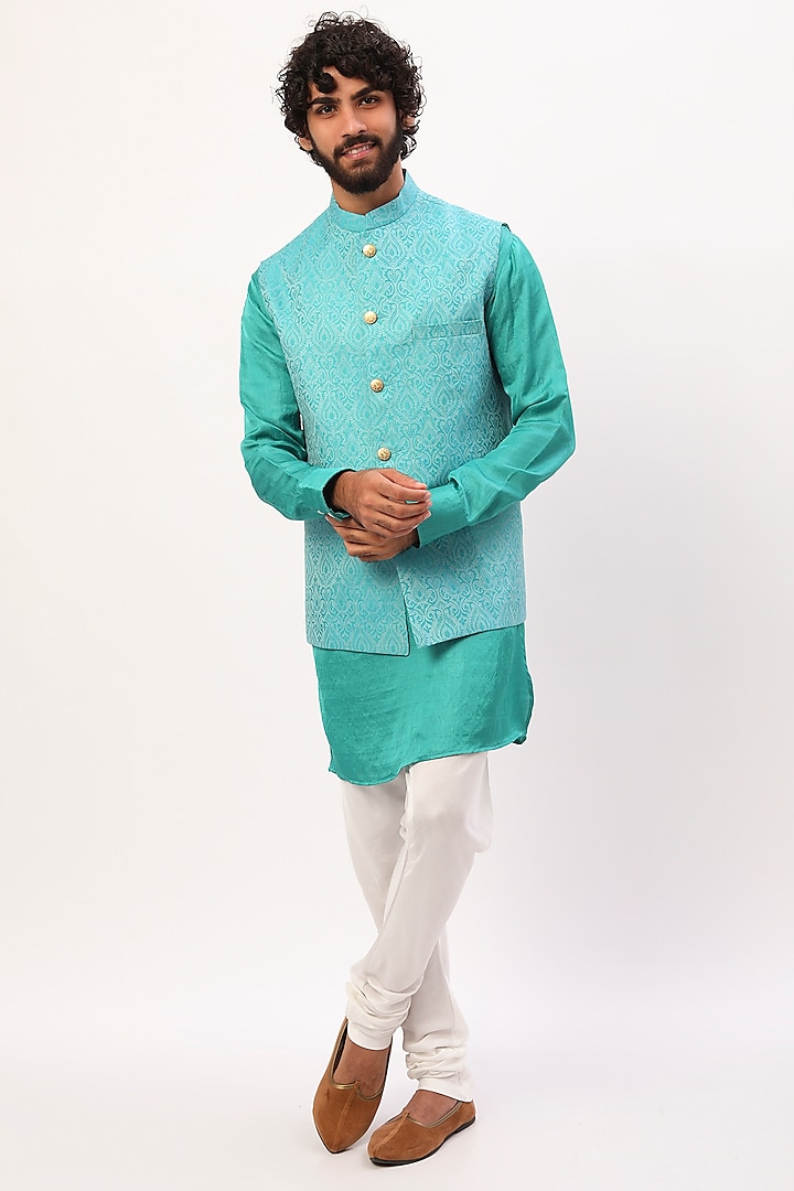 Turquoise Brocade Bundi Jacket With Kurta Set For Boys by Spring Break- Kids at Pernia's Pop Up Shop