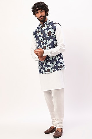 Dark Blue Printed Jacket With Kurta Set For Boys by Spring Break- Kids