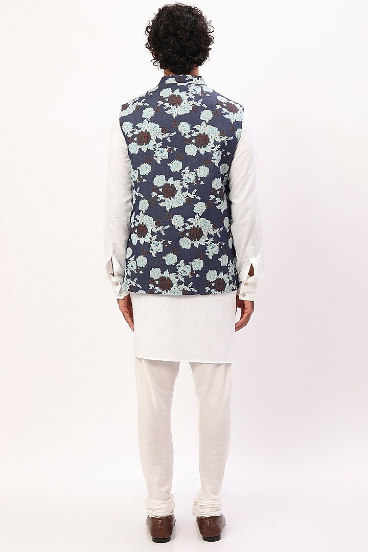 Dark Blue Printed Jacket With Kurta Set For Boys by Spring Break- Kids at Pernia's Pop Up Shop
