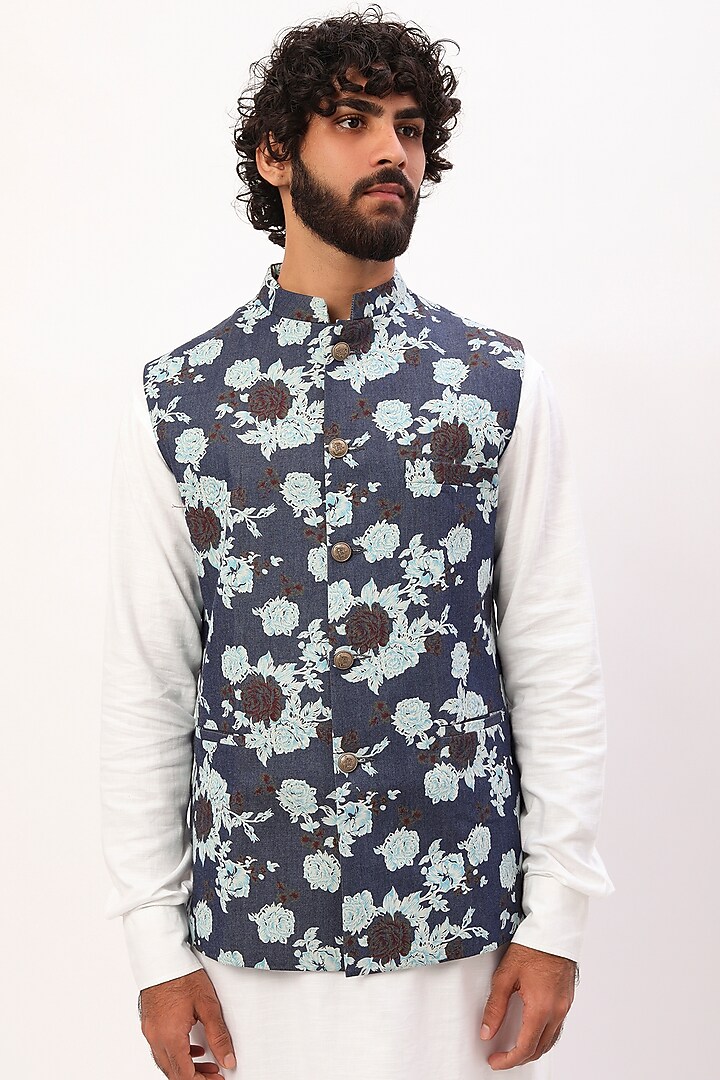 Dark Blue Printed Jacket With Kurta Set For Boys by Spring Break- Kids at Pernia's Pop Up Shop