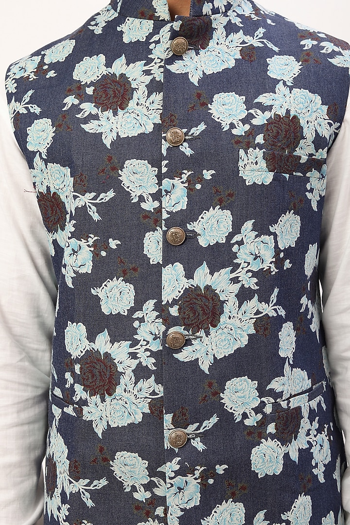 Dark Blue Printed Jacket With Kurta Set For Boys by Spring Break- Kids at Pernia's Pop Up Shop
