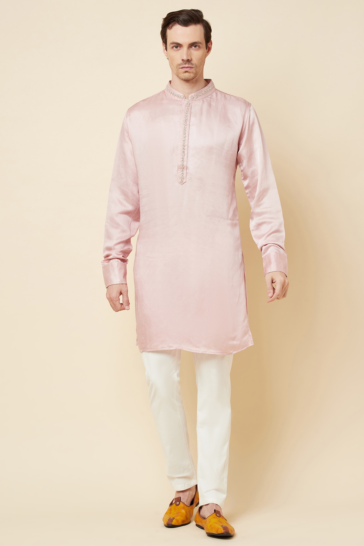 Blush Pink Linen Satin Kurta For Boys by Spring Break- Kids at Pernia's Pop  Up Shop 2025