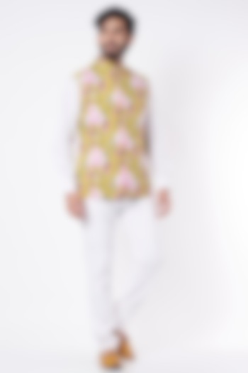 Yellow Floral Printed Bundi Jacket For Boys by Spring Break- Kids at Pernia's Pop Up Shop