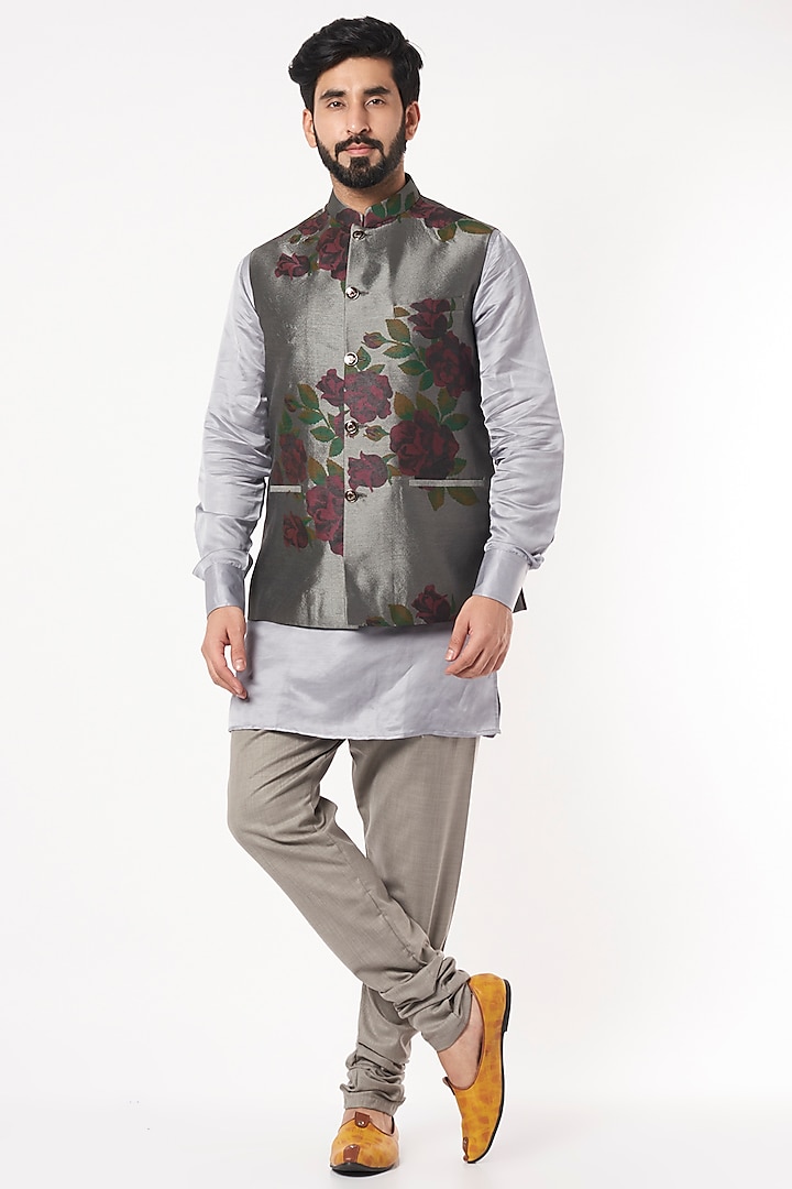 Grey Printed Bundi Jacket For Boys by Spring Break- Kids