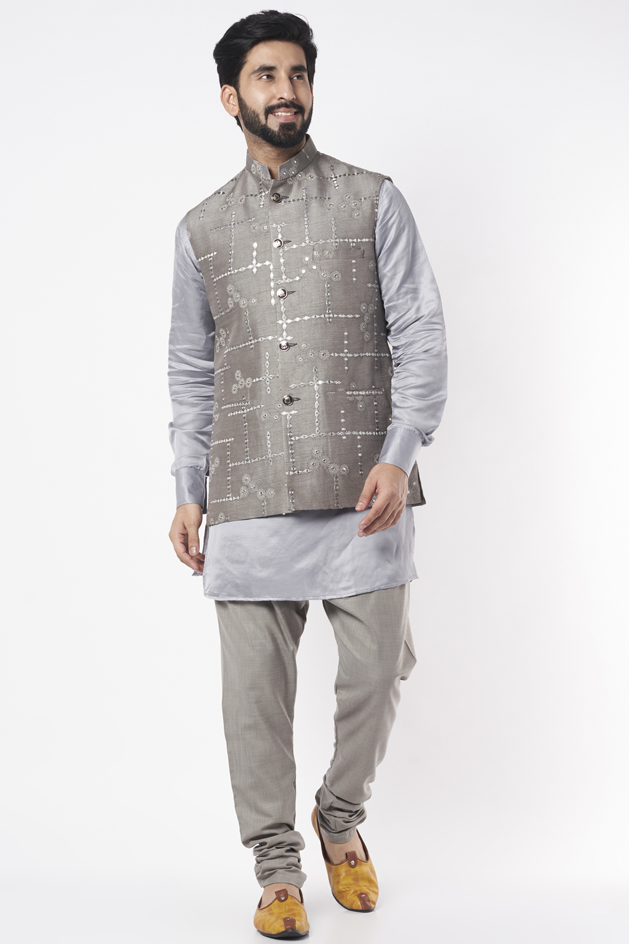 Grey Blended Silk Embroidered Bundi Jacket For Boys by Spring Break- Kids