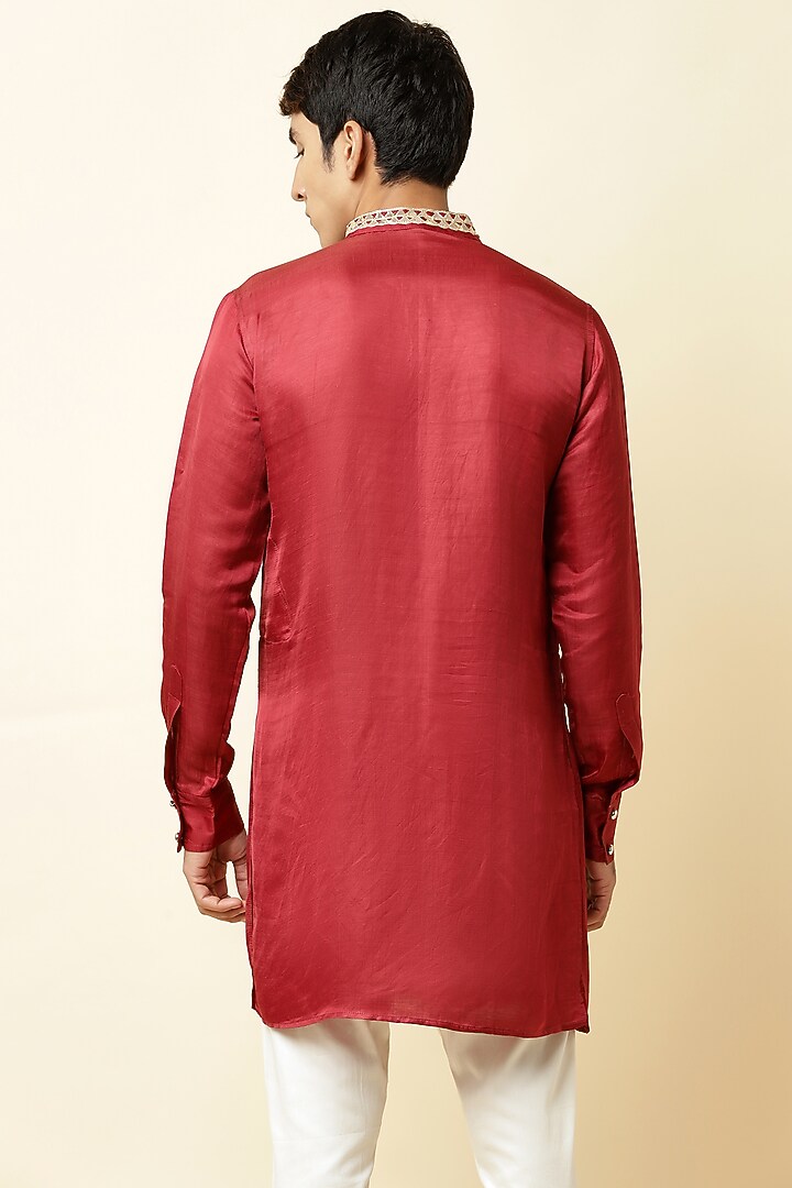Maroon Linen Satin Embroidered Kurta For Boys by Spring Break- Kids at Pernia's Pop Up Shop