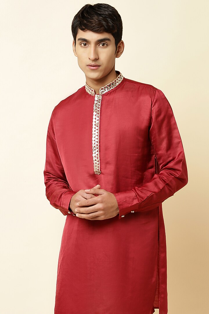 Maroon Linen Satin Embroidered Kurta For Boys by Spring Break- Kids at Pernia's Pop Up Shop