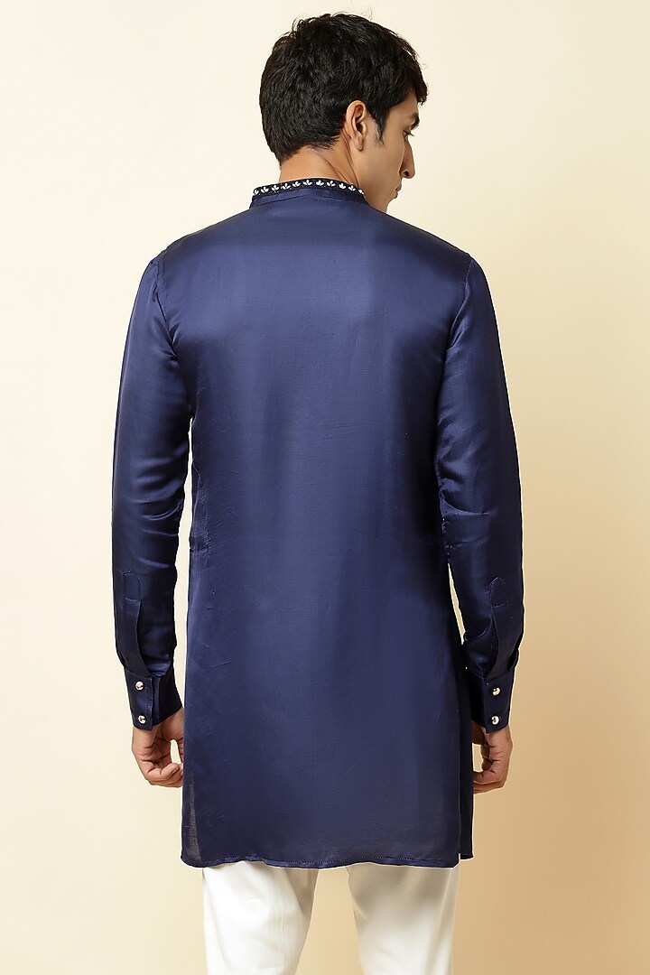 Navy Blue Linen Satin Embroidered Kurta For Boys by Spring Break- Kids at Pernia's Pop Up Shop