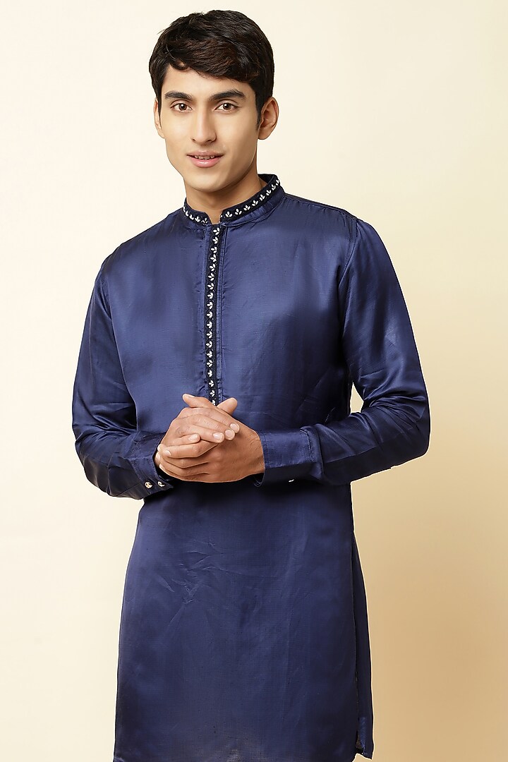Navy Blue Linen Satin Embroidered Kurta For Boys by Spring Break- Kids at Pernia's Pop Up Shop