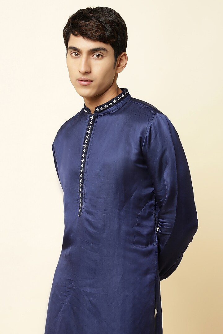 Navy Blue Linen Satin Embroidered Kurta For Boys by Spring Break- Kids at Pernia's Pop Up Shop