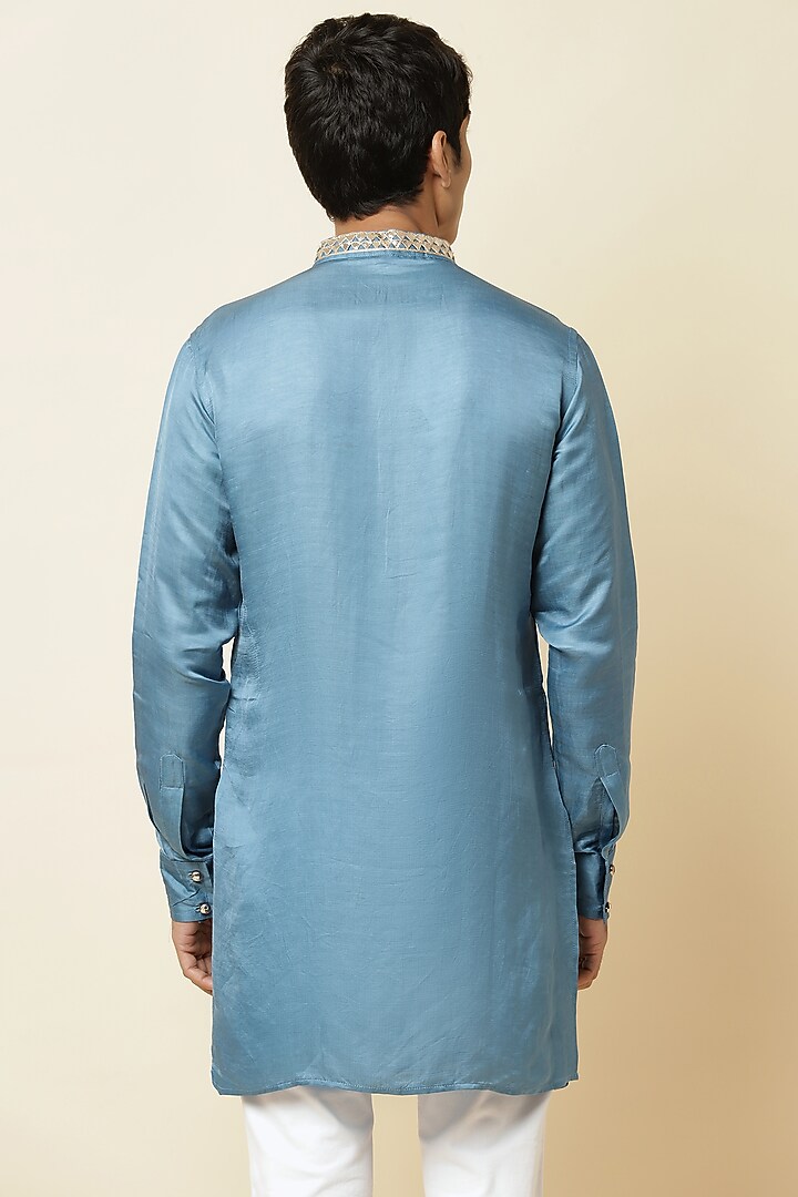 Blue Linen Satin Embroidered Kurta For Boys by Spring Break- Kids at Pernia's Pop Up Shop