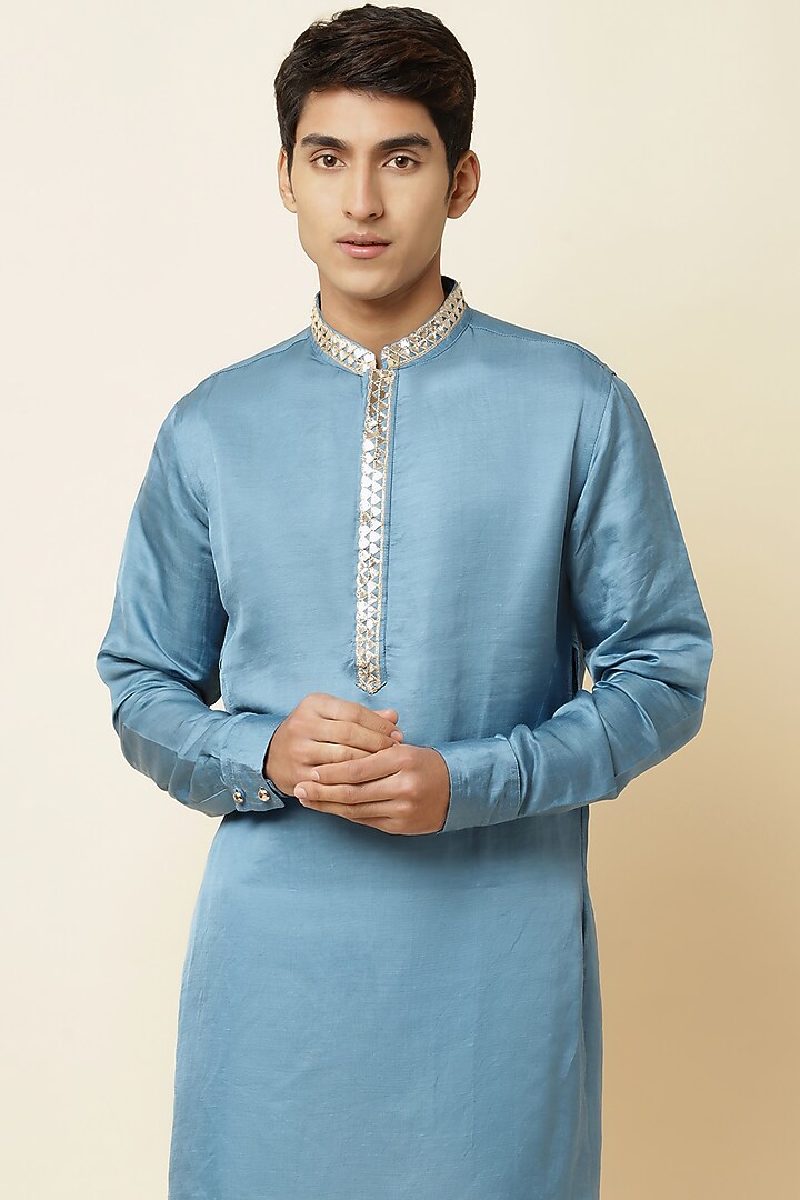 Blue Linen Satin Embroidered Kurta For Boys by Spring Break- Kids at Pernia's Pop Up Shop