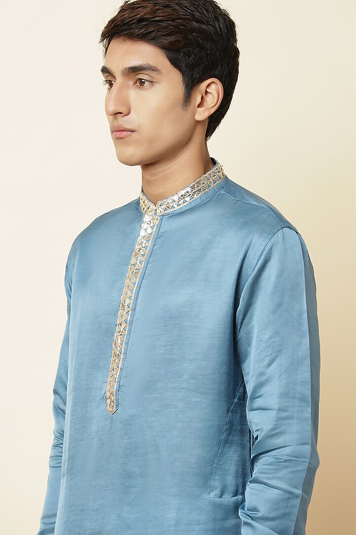 Blue Linen Satin Embroidered Kurta For Boys by Spring Break- Kids at Pernia's Pop Up Shop