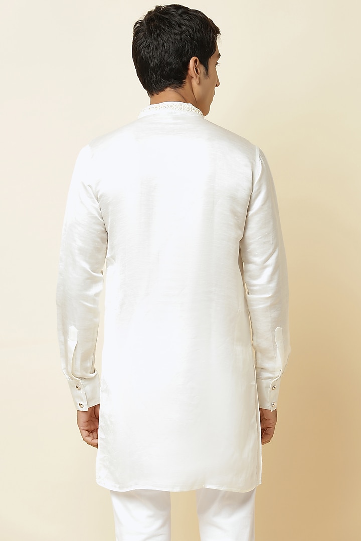 White Linen Satin Embroidered Kurta For Boys by Spring Break- Kids at Pernia's Pop Up Shop
