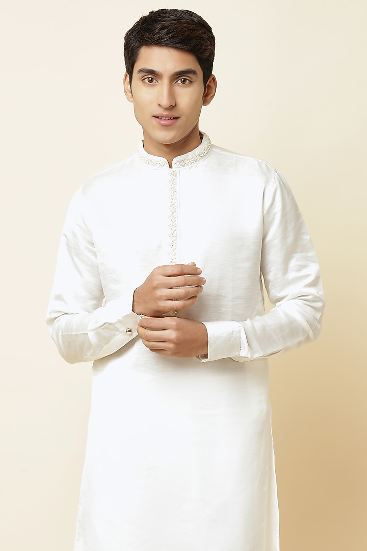 White Linen Satin Embroidered Kurta For Boys by Spring Break- Kids at Pernia's Pop Up Shop