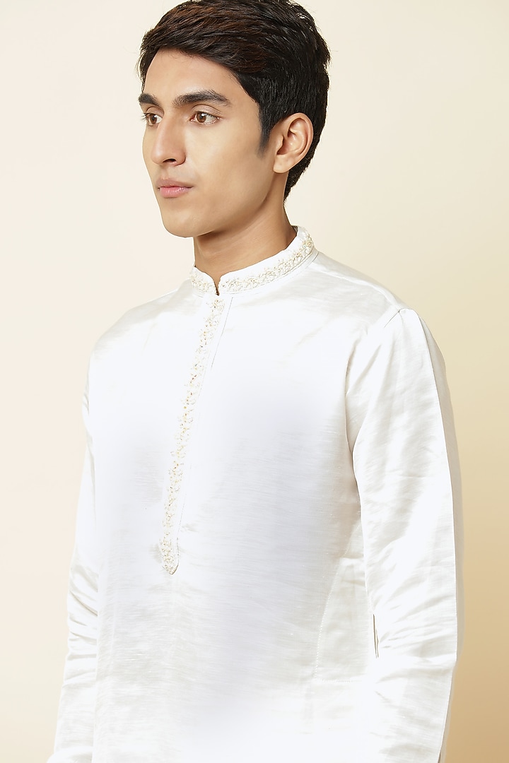 White Linen Satin Embroidered Kurta For Boys by Spring Break- Kids at Pernia's Pop Up Shop