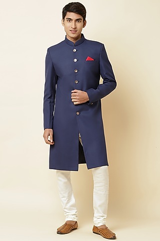 Navy Blue Terry Rayon Sherwani Set For Boys by Spring Break- Kids