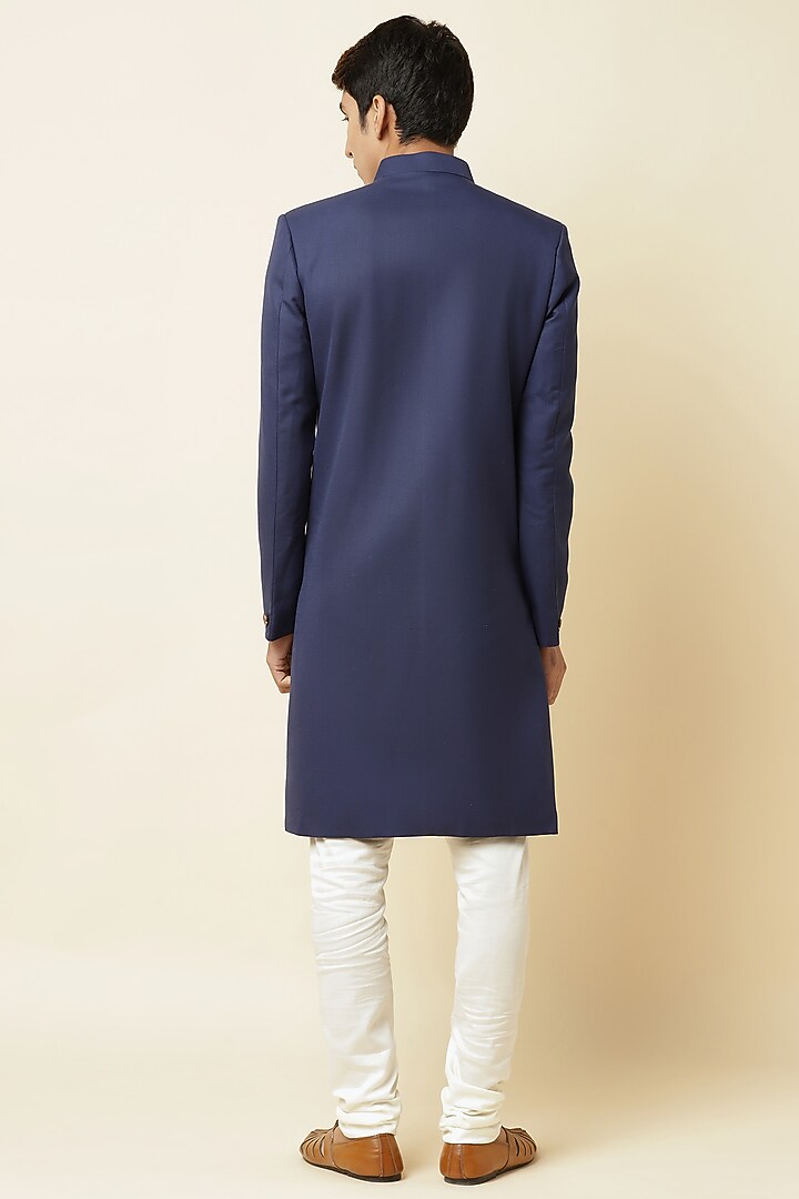 Navy Blue Terry Rayon Sherwani Set For Boys by Spring Break- Kids at Pernia's Pop Up Shop