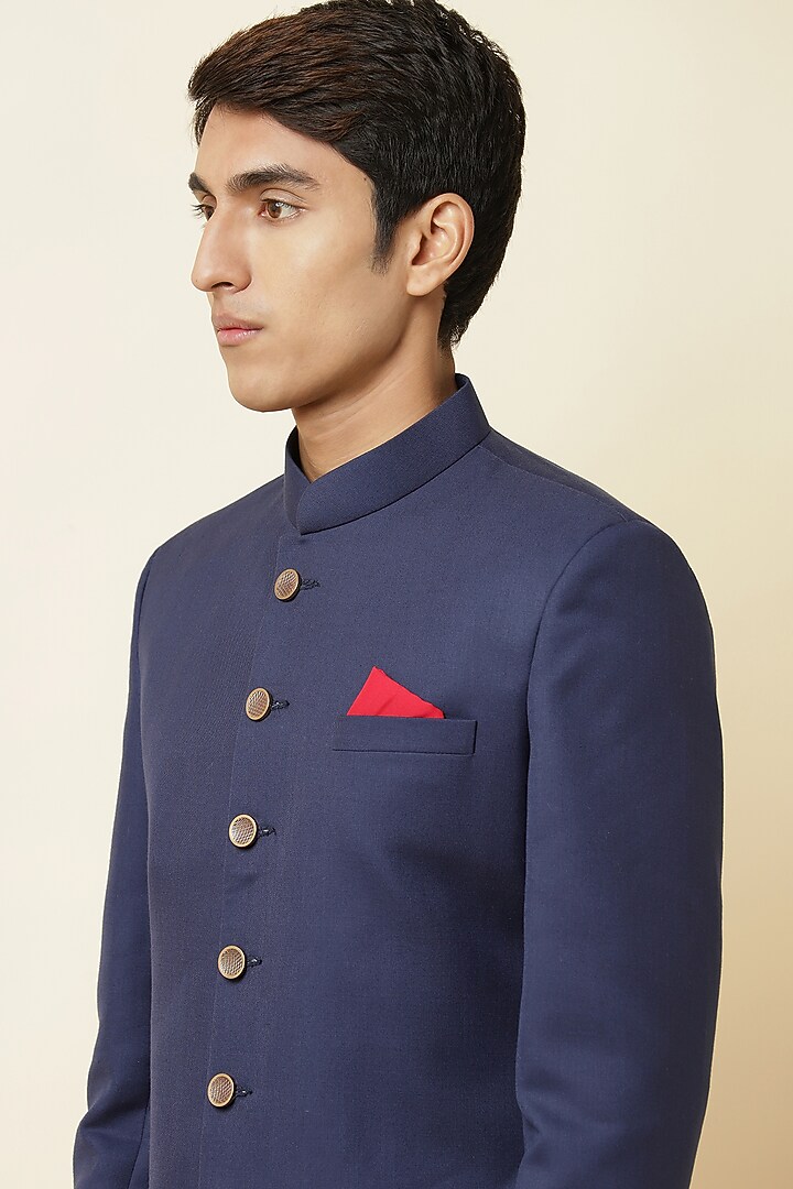 Navy Blue Terry Rayon Sherwani Set For Boys by Spring Break- Kids at Pernia's Pop Up Shop