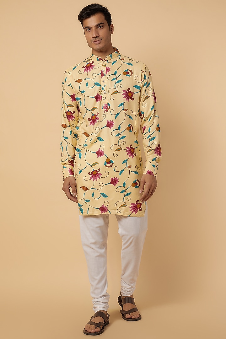 Cream Rayon Floral Printed Kurta Set For Boys by Spring Break- Kids at Pernia's Pop Up Shop