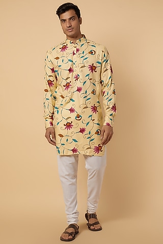 Cream Rayon Floral Printed Kurta Set For Boys by Spring Break- Kids