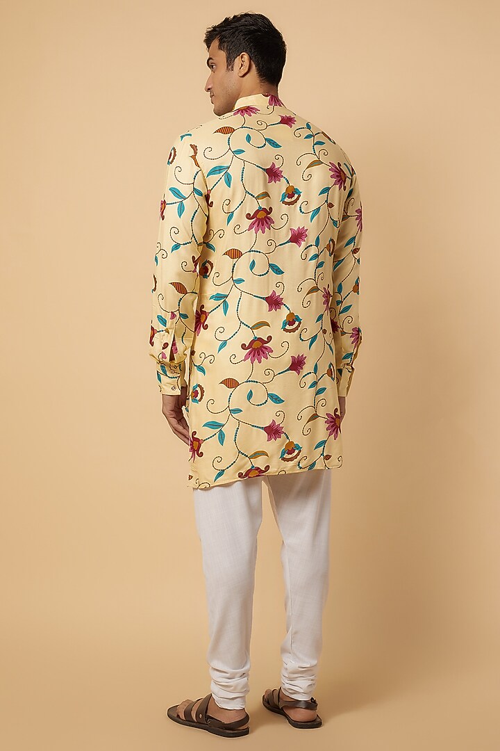 Cream Rayon Floral Printed Kurta Set For Boys by Spring Break- Kids at Pernia's Pop Up Shop