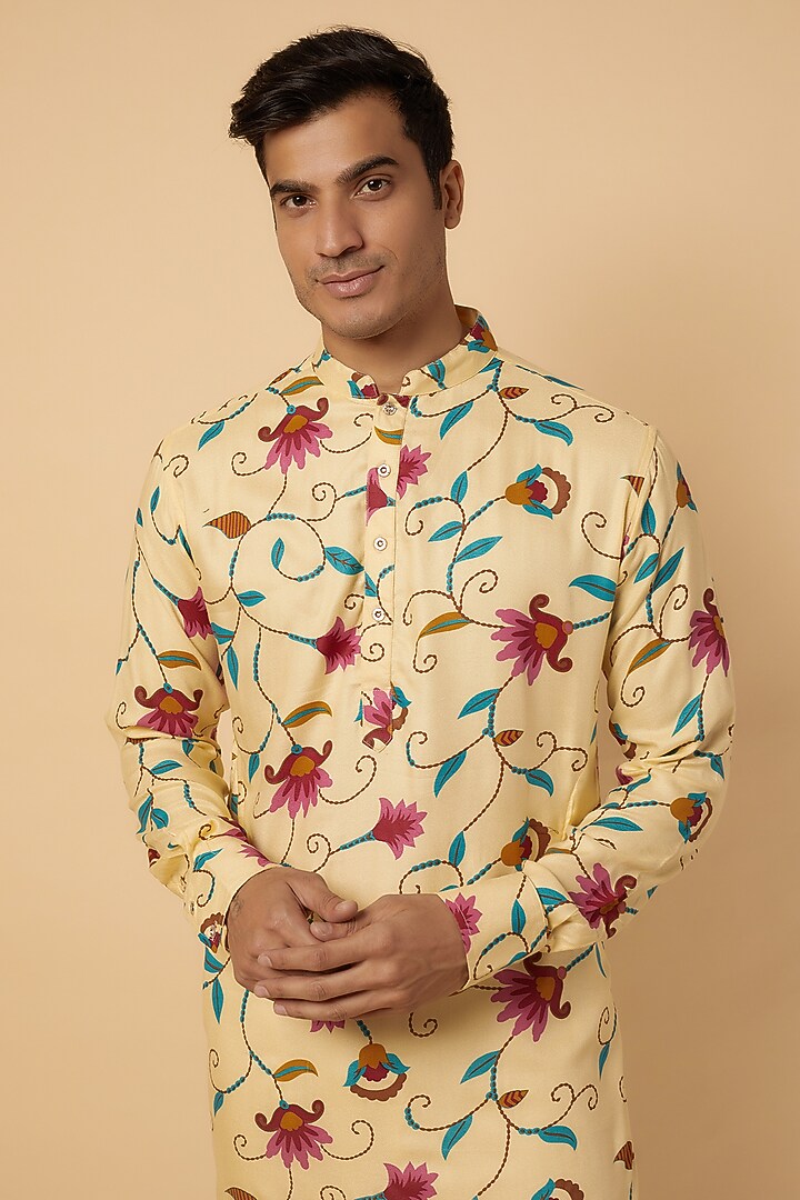 Cream Rayon Floral Printed Kurta Set For Boys by Spring Break- Kids at Pernia's Pop Up Shop