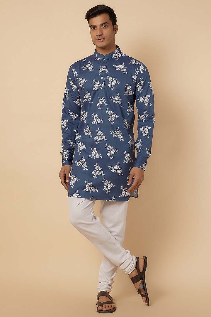 Blue Washed Denim Floral Printed Kurta Set For Boys by Spring Break- Kids at Pernia's Pop Up Shop