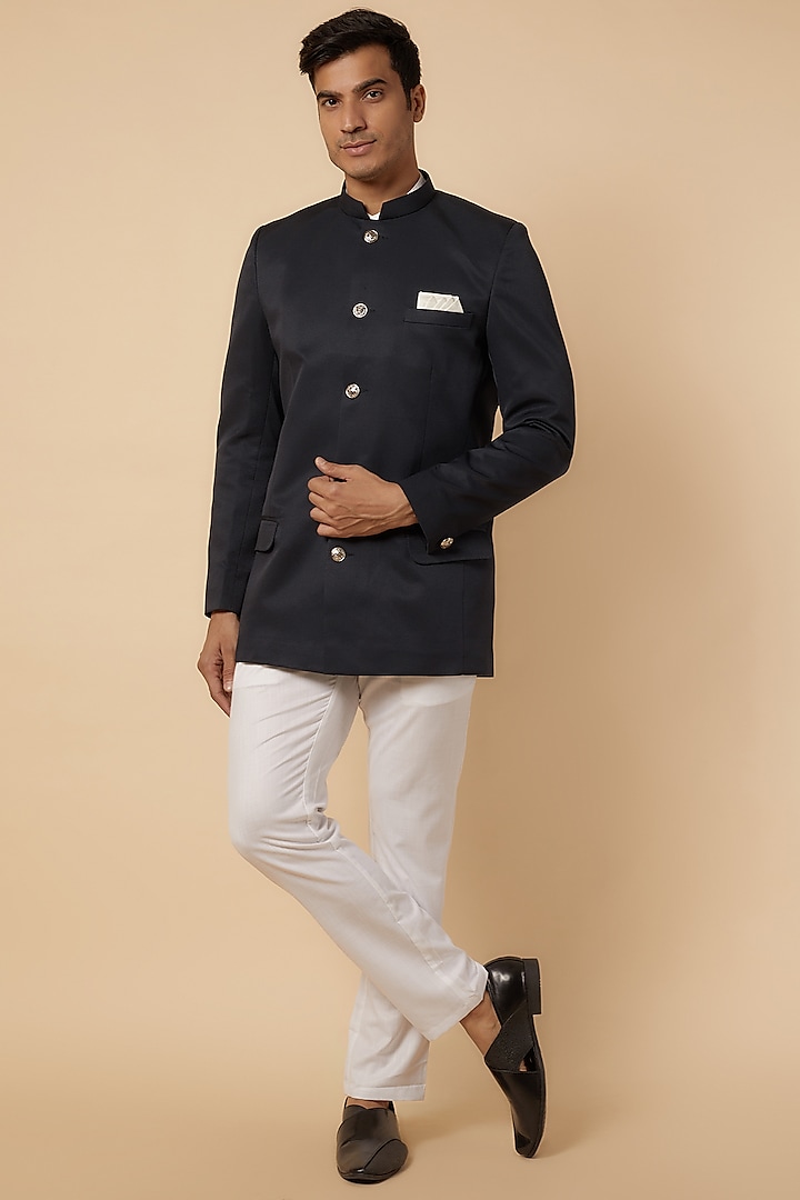 Navy Blue Dupion Silk Jacquard Bandhgala Jacket For Boys by Spring Break- Kids