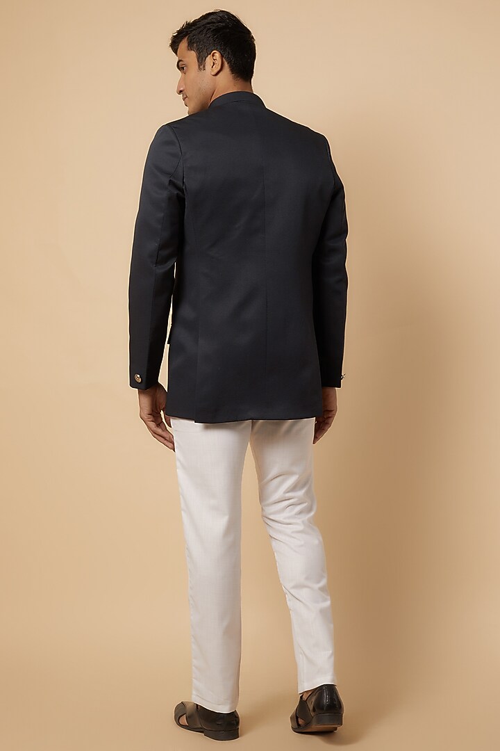 Navy Blue Dupion Silk Jacquard Bandhgala Jacket For Boys by Spring Break- Kids at Pernia's Pop Up Shop