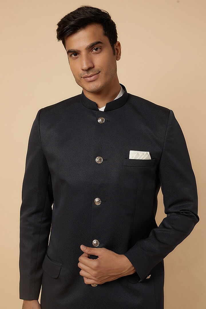 Navy Blue Dupion Silk Jacquard Bandhgala Jacket For Boys by Spring Break- Kids at Pernia's Pop Up Shop