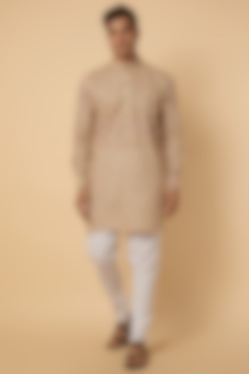 Beige Cotton Ikat Printed Kurta Set For Boys by Spring Break- Kids at Pernia's Pop Up Shop