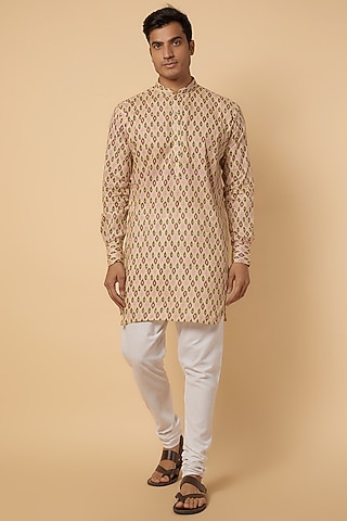 Beige Cotton Ikat Printed Kurta Set For Boys by Spring Break- Kids