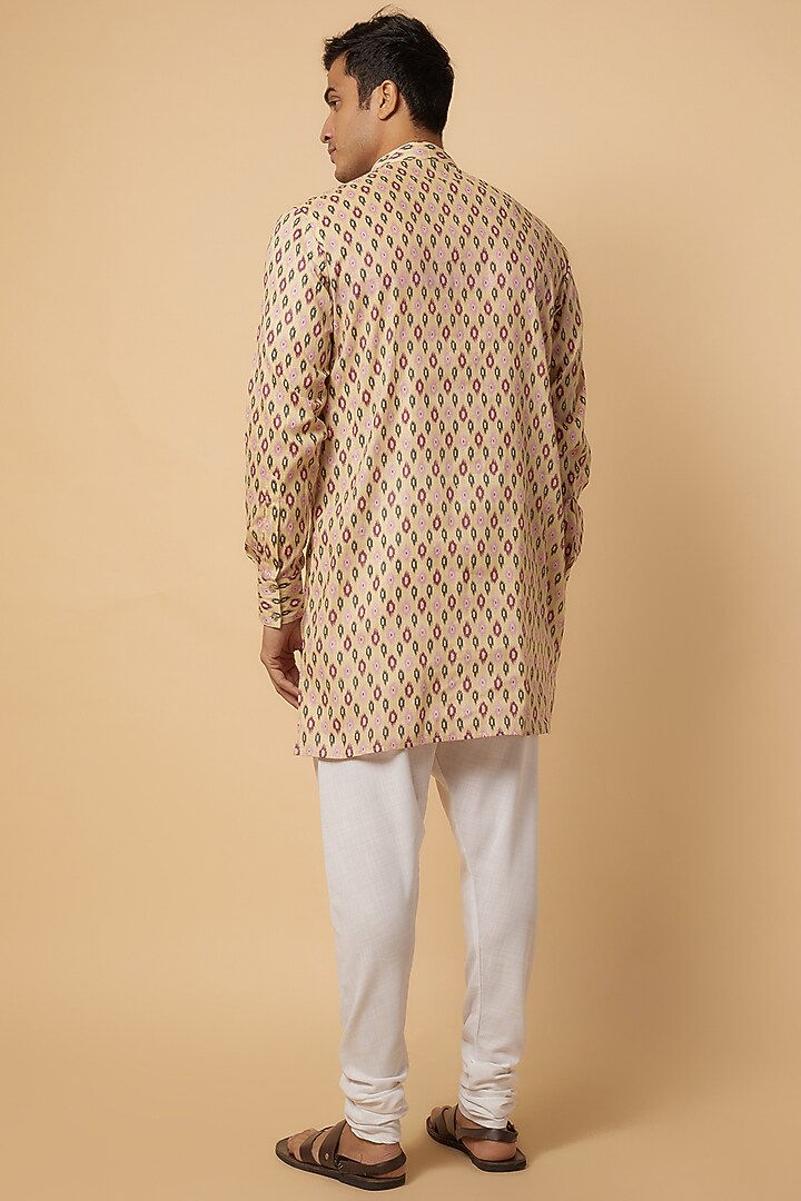 Beige Cotton Ikat Printed Kurta Set For Boys by Spring Break- Kids at Pernia's Pop Up Shop