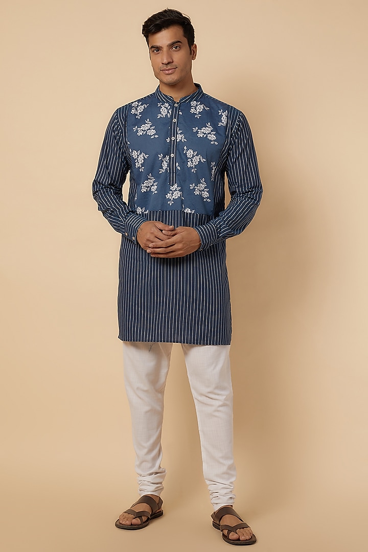 Blue Cotton Floral & Stripe Printed Kurta Set For Boys by Spring Break- Kids at Pernia's Pop Up Shop