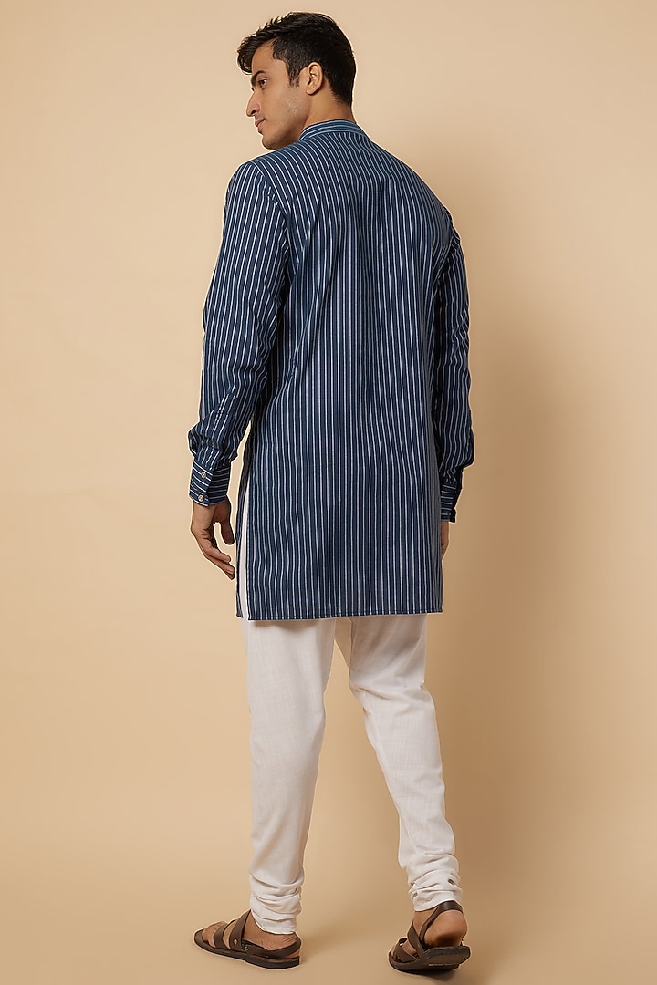 Blue Cotton Floral & Stripe Printed Kurta Set For Boys by Spring Break- Kids at Pernia's Pop Up Shop