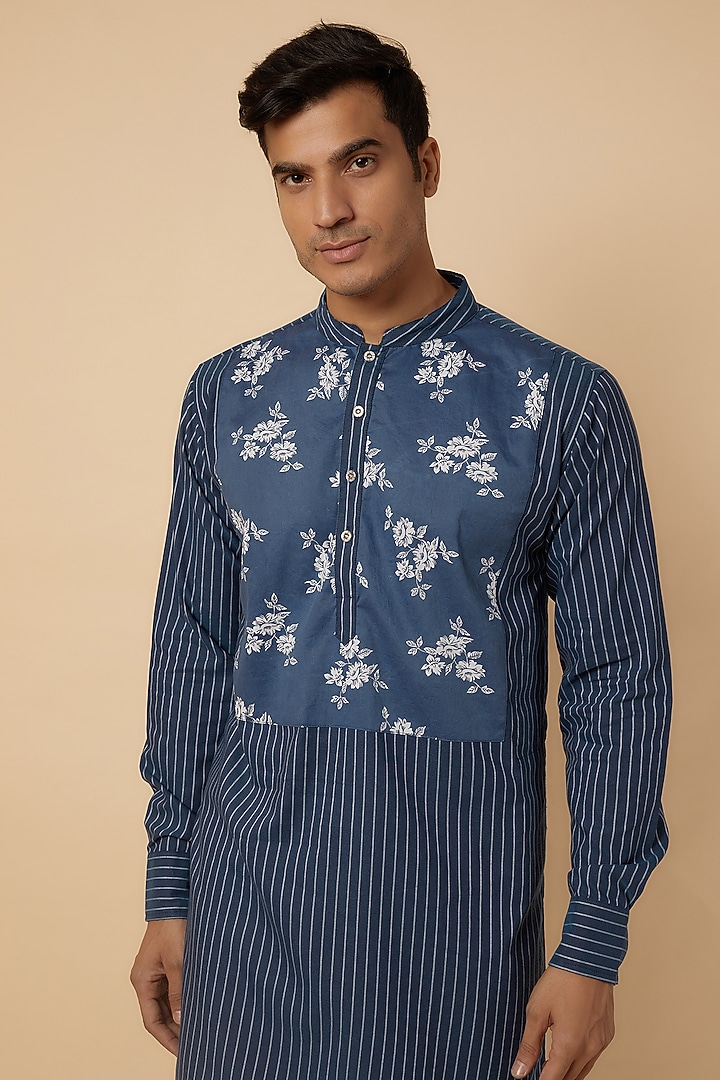 Blue Cotton Floral & Stripe Printed Kurta Set For Boys by Spring Break- Kids at Pernia's Pop Up Shop