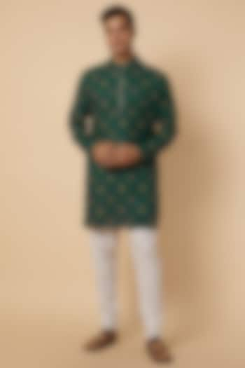 Green Rayon Floral Printed & Embroidered Kurta Set For Boys by Spring Break- Kids at Pernia's Pop Up Shop