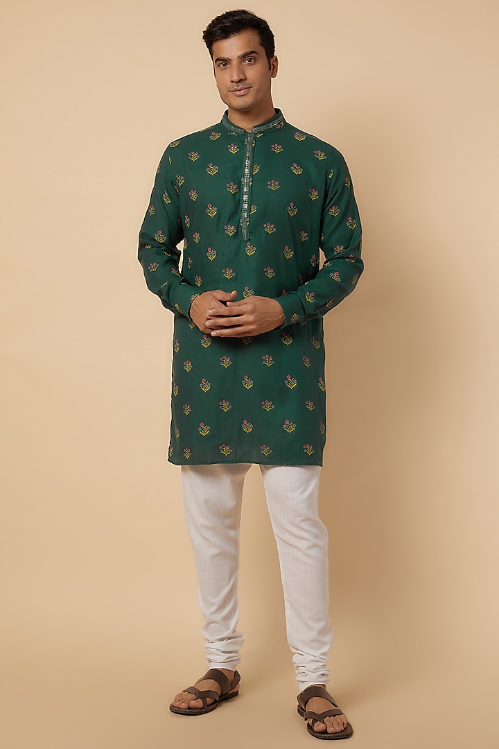 Green Rayon Floral Printed & Embroidered Kurta Set For Boys by Spring Break- Kids at Pernia's Pop Up Shop