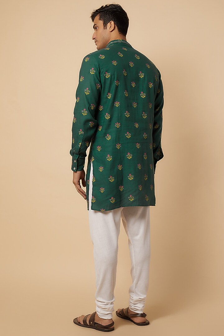 Green Rayon Floral Printed & Embroidered Kurta Set For Boys by Spring Break- Kids at Pernia's Pop Up Shop