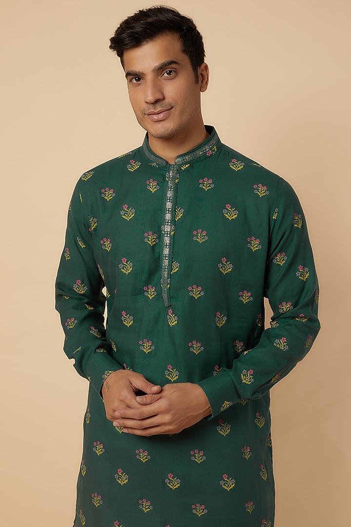 Green Rayon Floral Printed & Embroidered Kurta Set For Boys by Spring Break- Kids at Pernia's Pop Up Shop