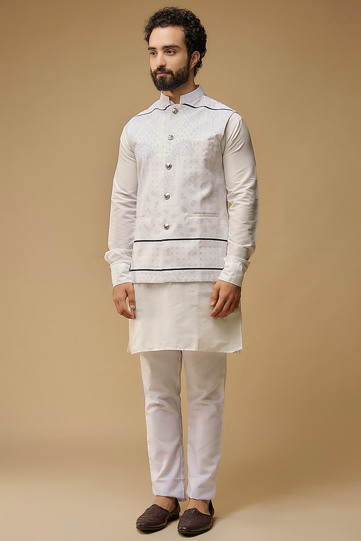 White Cotton Printed Bundi Jacket Set For Boys by Spring Break- Kids at Pernia's Pop Up Shop